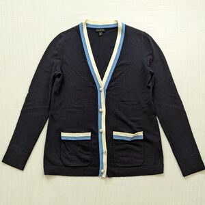 Talbots Tipped Cardigan Sweater XS Blue Pearl Button Cashmere Varsity Preppy